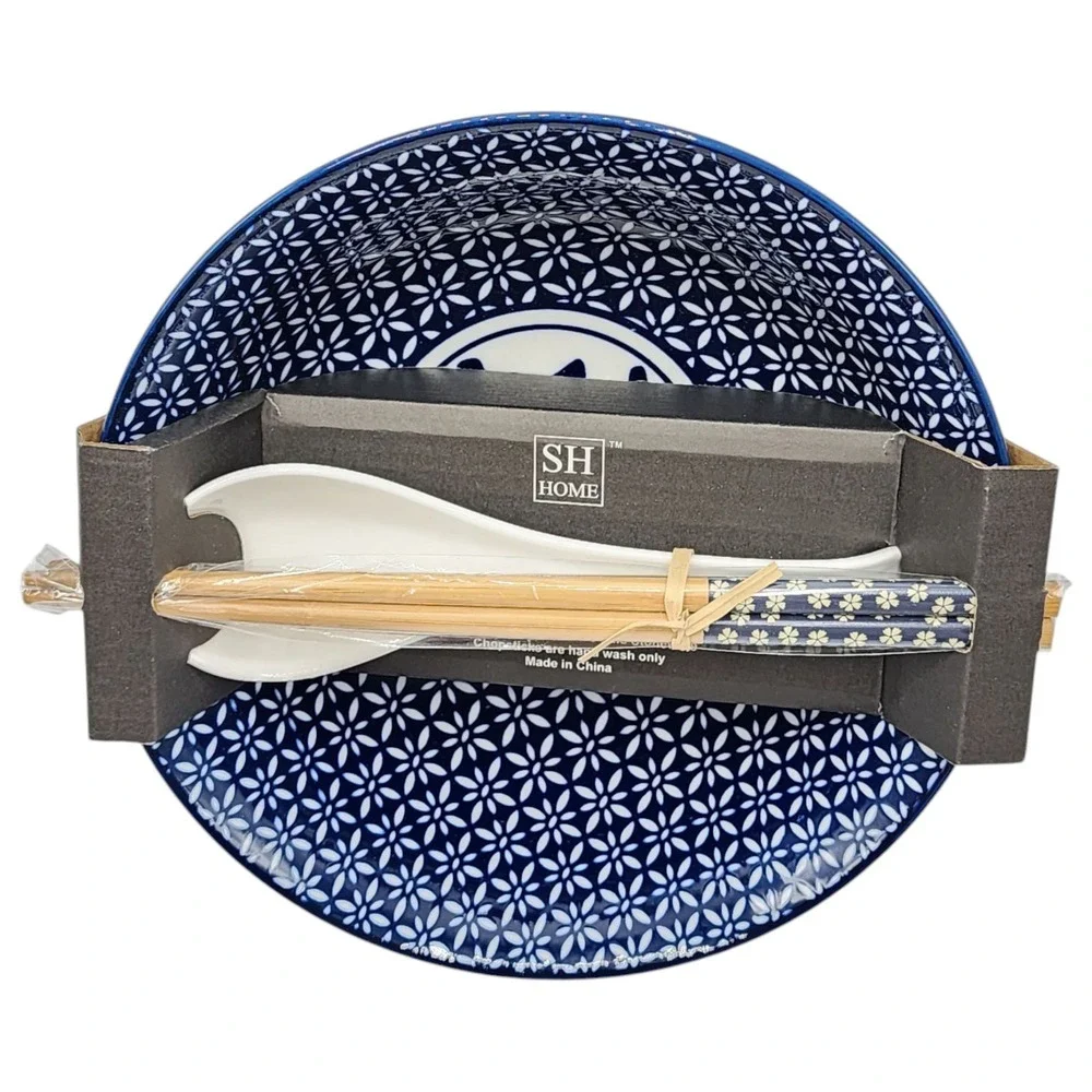 SH Home Blue Fu Floral Ceramic Ramen Noodle Bowl 42oz With 2 Chopstick And Spoon